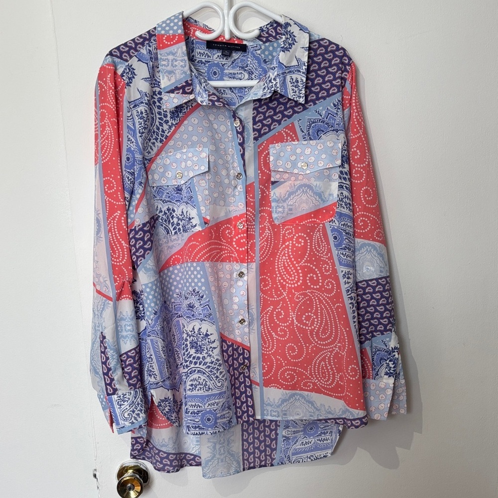 Printed Patchwork Button-Front Women's Shirt - Coral & Blue
